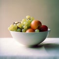 AI generated illustration of a bowl filled with a variety of fresh fruits on a wooden table Royalty Free Stock Photo