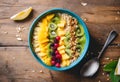 AI generated illustration of a bowl of fresh, colorful fruits and a hearty serving of muesli Royalty Free Stock Photo