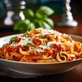 AI generated illustration of a bowl of fresh pasta with red tomato sauce and parmesan cheese Royalty Free Stock Photo