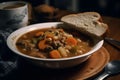 AI generated illustration of A bowl of freshly-prepared vegetable soup with a blurry background