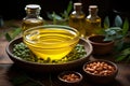 AI generated illustration of a bowl of olive oil on a wooden surface surrounded by bottles and beans Royalty Free Stock Photo