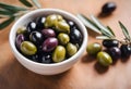 AI-generated illustration of a bowl of olives on table