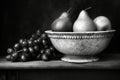 AI generated illustration of a bowl of pears and grapes in grayscale Royalty Free Stock Photo