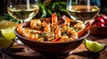 AI generated illustration of a bowl of shrimp and a glass of crisp white wine with slices of lime Royalty Free Stock Photo