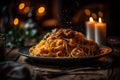 AI generated illustration of a bowl of spaghetti bolognese topped with spices, ready to be served Royalty Free Stock Photo