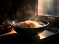 AI generated illustration of a bowl of steaming noodles sitting on a kitchen countertop