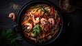 AI generated illustration of a bowl of stir fry noodles with vegetables and shrimps Royalty Free Stock Photo