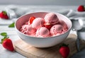 AI-generated illustration of a bowl of strawberry ice cream on a wooden cutting board Royalty Free Stock Photo