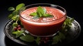 AI generated illustration of a bowl of tomato soup with mint leaves Royalty Free Stock Photo