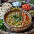 AI generated illustration of a bowl of vegetable soup with assorted vegetables on a plate Royalty Free Stock Photo