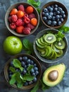 AI-generated illustration of bowls of assorted fruit and a ripe avocado arranged on a table Royalty Free Stock Photo