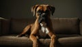 A Boxer sits on the couch for a photo