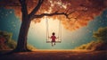 AI generated illustration of a boy enjoying a swing ride in a tree with bright yellow leaves Royalty Free Stock Photo