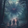 AI generated illustration of boys entering eerie woods, staring at enormous creature