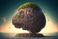 AI-generated illustration of a brain-shaped growth on a small island on a sky background