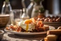 AI generated illustration of a breakfast plate with a fried egg and bacon strips Royalty Free Stock Photo