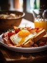 AI generated illustration of a breakfast plate with a fried egg and bacon strips Royalty Free Stock Photo