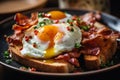 AI generated illustration of a breakfast plate with a fried egg and bacon strips Royalty Free Stock Photo