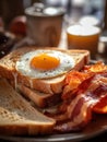 AI generated illustration of a breakfast plate with a fried egg and bacon strips Royalty Free Stock Photo