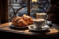 AI generated illustration of a breakfast table featuring a croissants and cups of creamy cappuccino