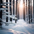 AI generated illustration of a breathtaking landscape featuring a forest of snow-covered evergreens Royalty Free Stock Photo