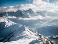 AI generated illustration of a breathtaking snow-covered mountain range set against a crisp blue sky Royalty Free Stock Photo