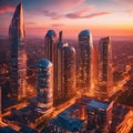 AI generated illustration of a breathtaking sunset illuminates the city skyline