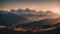 AI generated illustration of a breathtaking view of a snow-capped mountain range at sunset Royalty Free Stock Photo