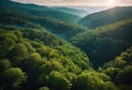 AI generated illustration of a breathtaking vista of a mountain range adorned with lush trees