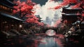 AI generated illustration of a bridge crossing over a lake amidst a landscape of red-leafed trees