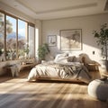AI generated illustration of a bright and airy bedroom flooded with natural light