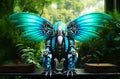 AI-generated illustration of a bright blue robotic dragon with wings standing in a forest