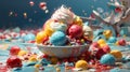 AI generated illustration of bright colorful ice cream cone with tons of ice cream