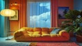 AI generated illustration of a bright couch in front of ocean view window Royalty Free Stock Photo