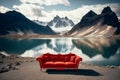AI generated illustration of a bright orange couch in front of a mountain range and a large lake Royalty Free Stock Photo