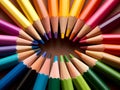AI generated illustration of bright pencils arranged in a circular pattern on a wooden table Royalty Free Stock Photo