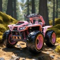 AI generated illustration of A bright pink four-wheeler vehicle drives across a rocky terrain