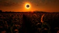 AI-generated illustration of a bright solar eclipse over a field of sunflowers Royalty Free Stock Photo