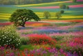 an open field with colorful flowers and trees in the foreground Royalty Free Stock Photo