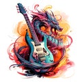 AI generated illustration of a bright and vivid guitar, featuring a flame design on the body