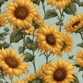 AI generated illustration of Bright yellow sunflowers on a light blue background Royalty Free Stock Photo