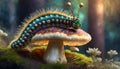 AI generated illustration of a brightly colored caterpillar crawling on the top of a mushroom