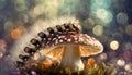 AI generated illustration of a brightly colored caterpillar crawling on the top of a mushroom