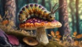 AI generated illustration of a brightly colored caterpillar crawling on the top of a mushroom