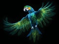 AI generated illustration of a brightly colored parrot soaring through the sky with wings extended