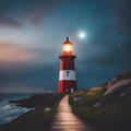 AI generated illustration of a brightly lit lighthouse under full moon Royalty Free Stock Photo