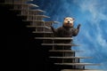 a statue of a bear standing on a stair case that is holding a knife