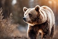 AI generated illustration of a brown bear ambling through a forest meadow