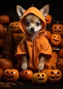 AI generated illustration of a brown Chihuahua dog wearing a pumpkin costume sitting atop pumpkins Royalty Free Stock Photo