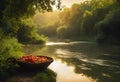 a basket filled with tomatoes is in the water by a tree Royalty Free Stock Photo